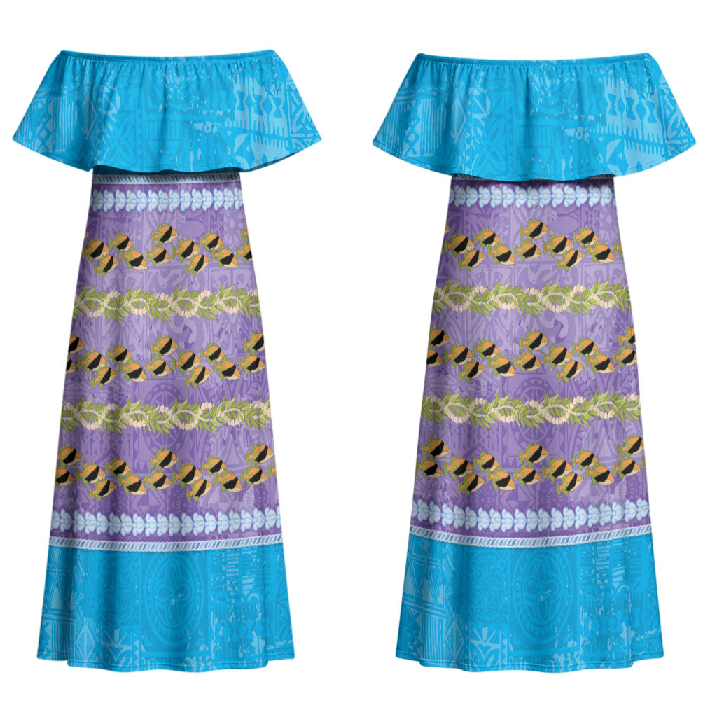 Hawaii Humuhumu Fish Maile Pikake Lei Couples Matching Off Shoulder Maxi Dress and Hawaiian Shirt Tribal Tapa Blue Version