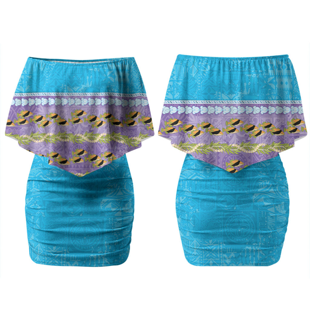 Hawaii Humuhumu Fish Maile Pikake Lei Couples Matching Off Shoulder Short Dress and Hawaiian Shirt Tribal Tapa Blue Version