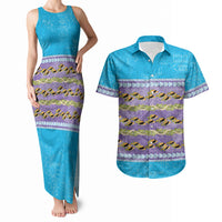 Hawaii Humuhumu Fish Maile Pikake Lei Couples Matching Tank Maxi Dress and Hawaiian Shirt Tribal Tapa Blue Version
