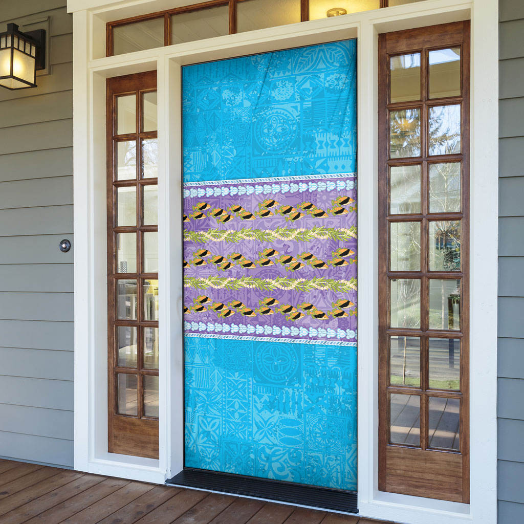 Hawaii Humuhumu Fish Maile Pikake Lei Door Cover Tribal Tapa Blue Version
