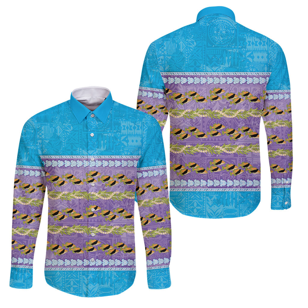 Hawaii Humuhumu Fish Maile Pikake Lei Family Matching Long Sleeve Bodycon Dress and Hawaiian Shirt Tribal Tapa Blue Version