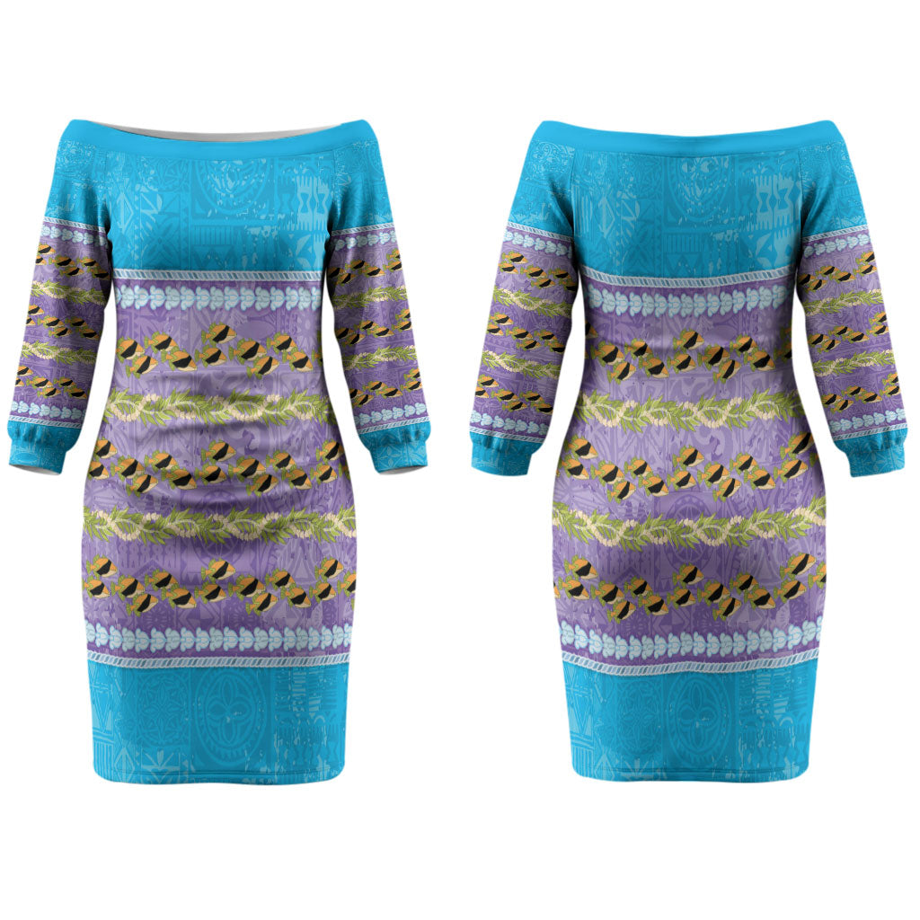 Hawaii Humuhumu Fish Maile Pikake Lei Family Matching Off The Shoulder Long Sleeve Dress and Hawaiian Shirt Tribal Tapa Blue Version