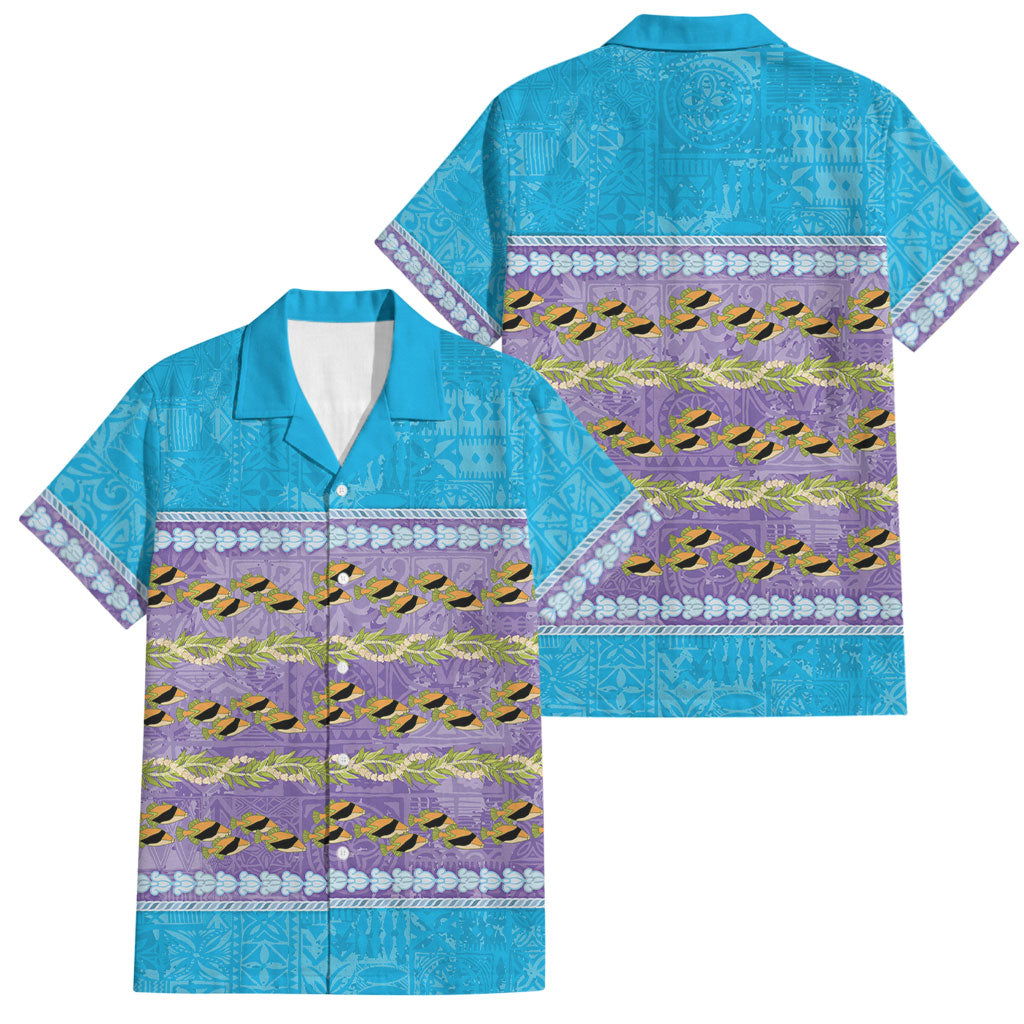 Hawaii Humuhumu Fish Maile Pikake Lei Family Matching Off The Shoulder Long Sleeve Dress and Hawaiian Shirt Tribal Tapa Blue Version