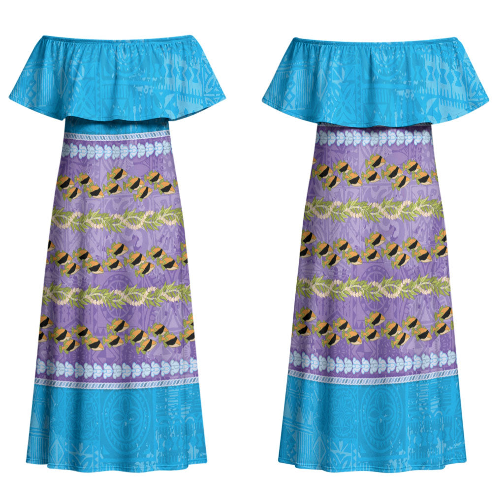 Hawaii Humuhumu Fish Maile Pikake Lei Family Matching Off Shoulder Maxi Dress and Hawaiian Shirt Tribal Tapa Blue Version