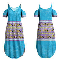 Hawaii Humuhumu Fish Maile Pikake Lei Family Matching Summer Maxi Dress and Hawaiian Shirt Tribal Tapa Blue Version