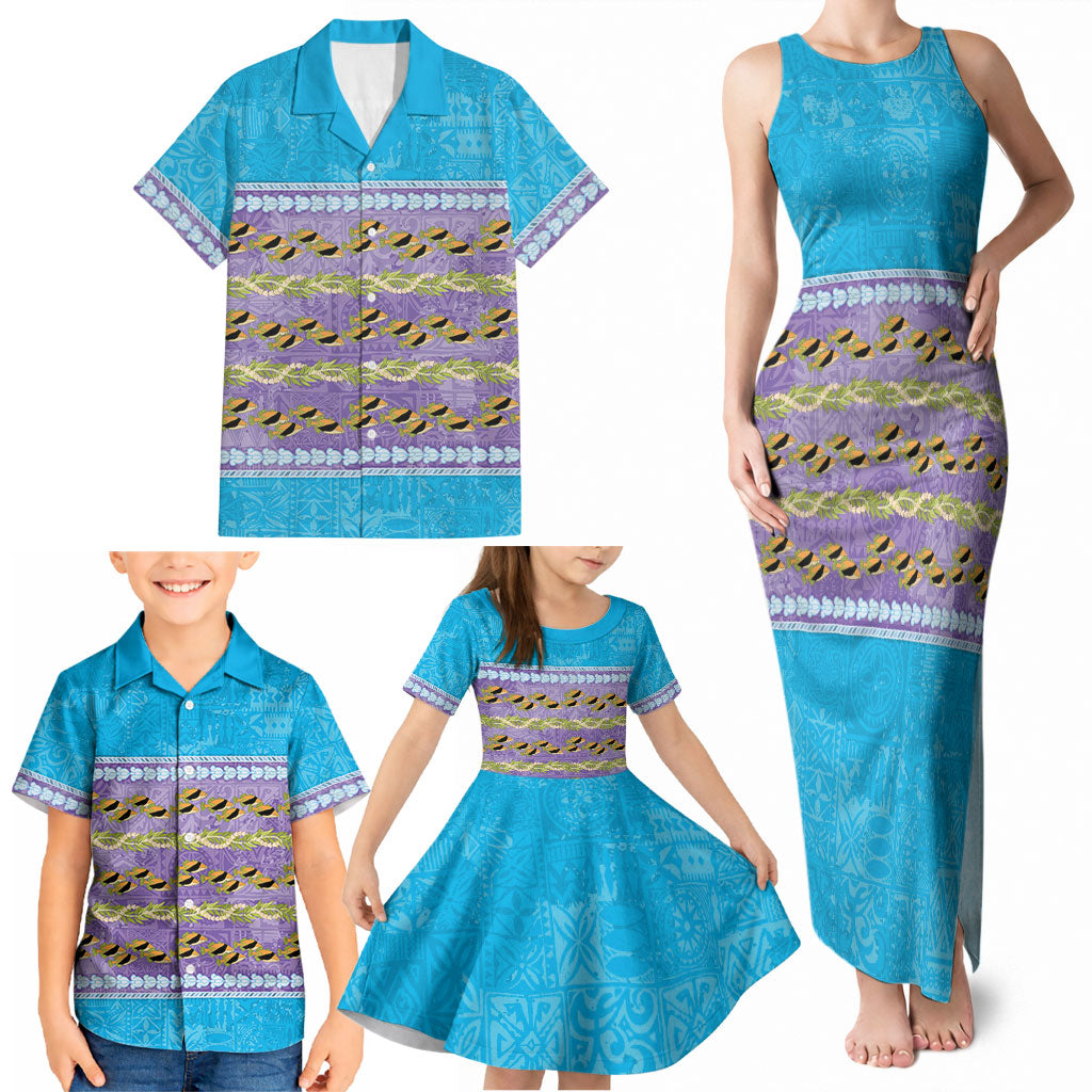 Hawaii Humuhumu Fish Maile Pikake Lei Family Matching Tank Maxi Dress and Hawaiian Shirt Tribal Tapa Blue Version