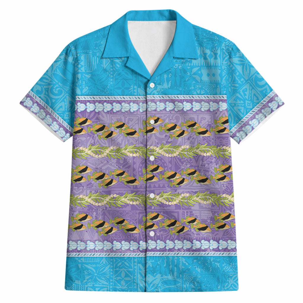 Hawaii Humuhumu Fish Maile Pikake Lei Hawaiian Shirt Tribal Tapa Blue Version