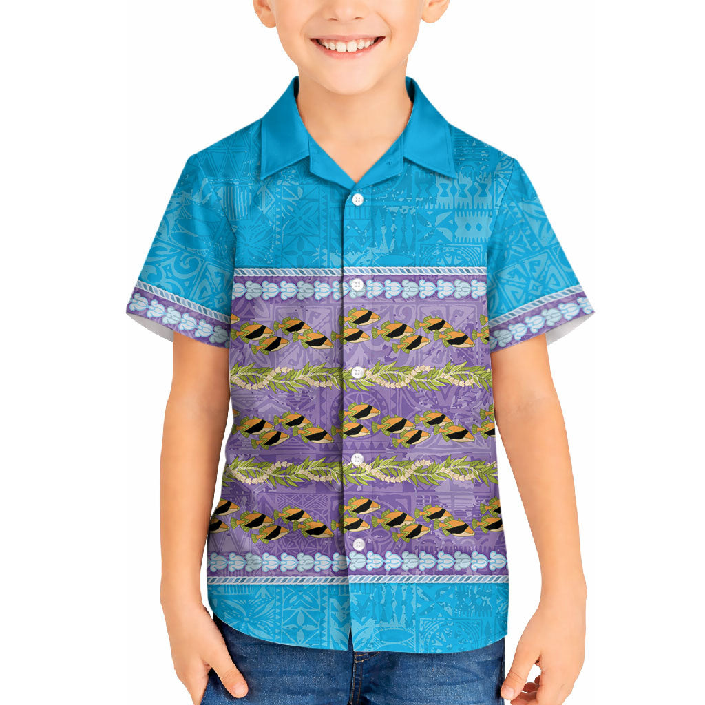 Hawaii Humuhumu Fish Maile Pikake Lei Hawaiian Shirt Tribal Tapa Blue Version