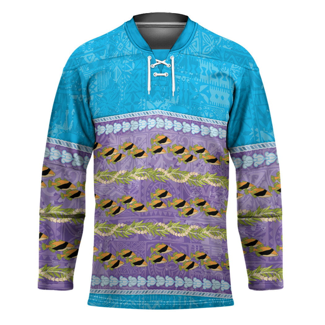 Hawaii Humuhumu Fish Maile Pikake Lei Hockey Jersey Tribal Tapa Blue Version