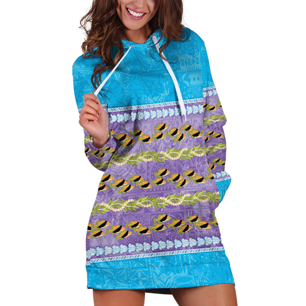 Hawaii Humuhumu Fish Maile Pikake Lei Hoodie Dress Tribal Tapa Blue Version