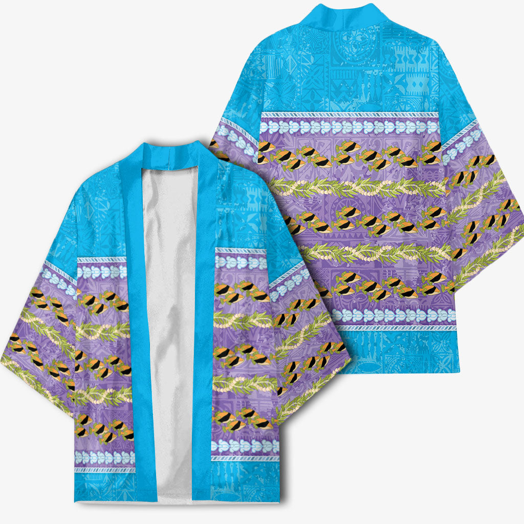 Hawaii Humuhumu Fish Maile Pikake Lei Kimono Tribal Tapa Blue Version