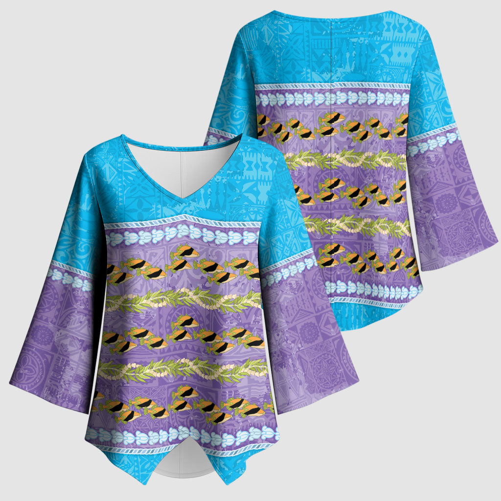 Hawaii Humuhumu Fish Maile Pikake Lei Kimono Sleeve Blouse Tribal Tapa Blue Version