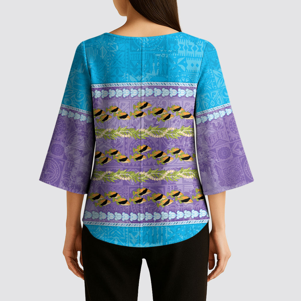 Hawaii Humuhumu Fish Maile Pikake Lei Kimono Sleeve Blouse Tribal Tapa Blue Version