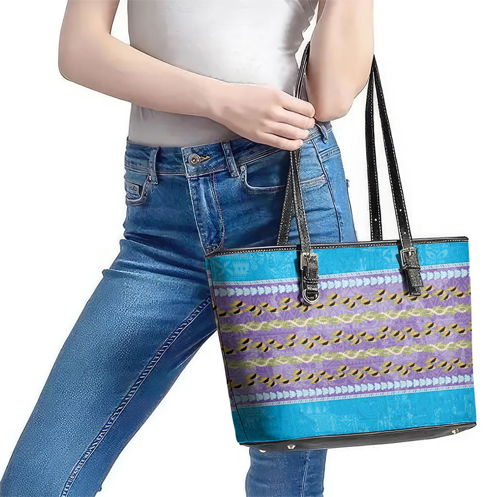 Hawaii Humuhumu Fish Maile Pikake Lei Leather Tote Bag Tribal Tapa Blue Version