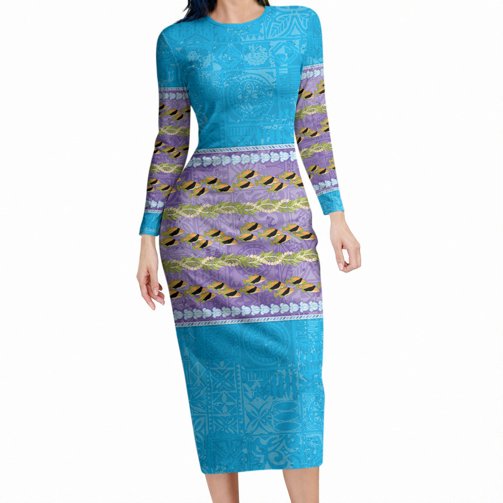 Hawaii Humuhumu Fish Maile Pikake Lei Long Sleeve Bodycon Dress Tribal Tapa Blue Version