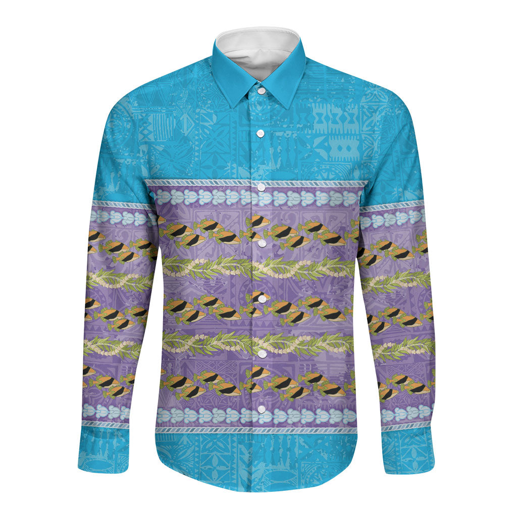 Hawaii Humuhumu Fish Maile Pikake Lei Long Sleeve Button Shirt Tribal Tapa Blue Version