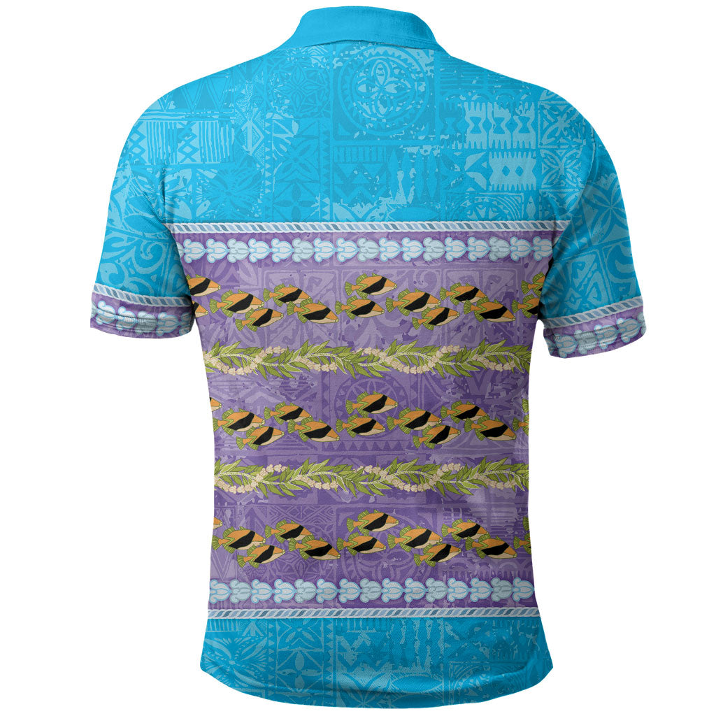 Hawaii Humuhumu Fish Maile Pikake Lei Polo Shirt Tribal Tapa Blue Version