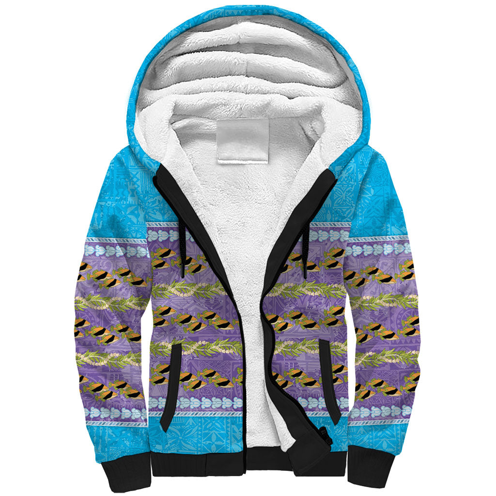 Hawaii Humuhumu Fish Maile Pikake Lei Sherpa Hoodie Tribal Tapa Blue Version