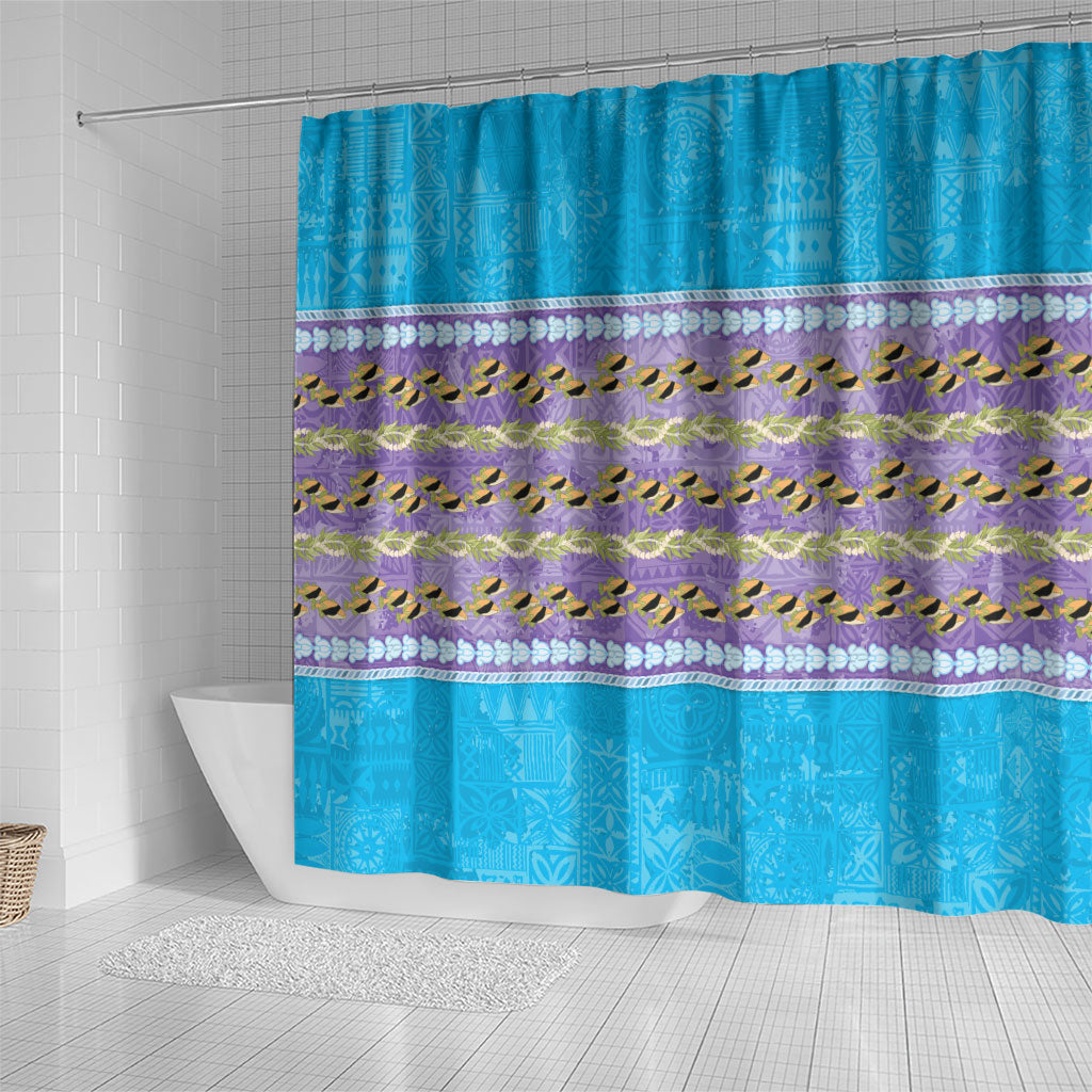 Hawaii Humuhumu Fish Maile Pikake Lei Shower Curtain Tribal Tapa Blue Version