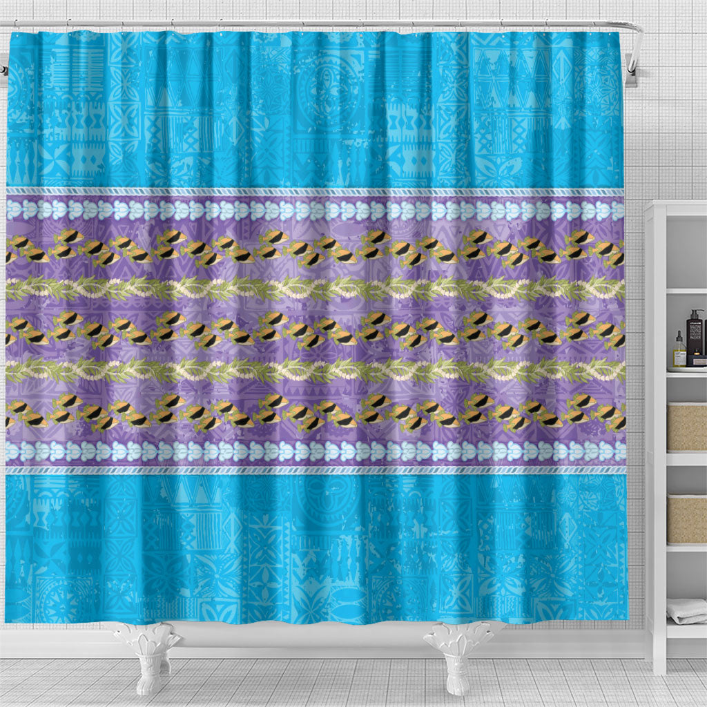 Hawaii Humuhumu Fish Maile Pikake Lei Shower Curtain Tribal Tapa Blue Version