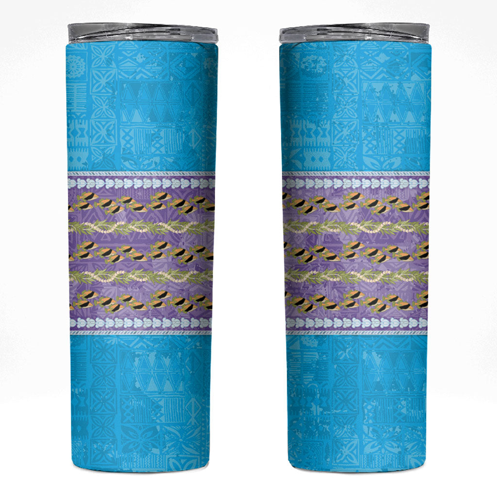 Hawaii Humuhumu Fish Maile Pikake Lei Skinny Tumbler Tribal Tapa Blue Version