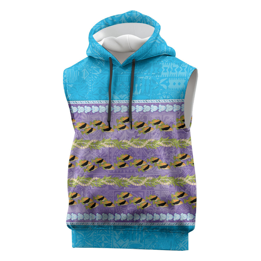 Hawaii Humuhumu Fish Maile Pikake Lei Sleeveless Hoodie Tribal Tapa Blue Version