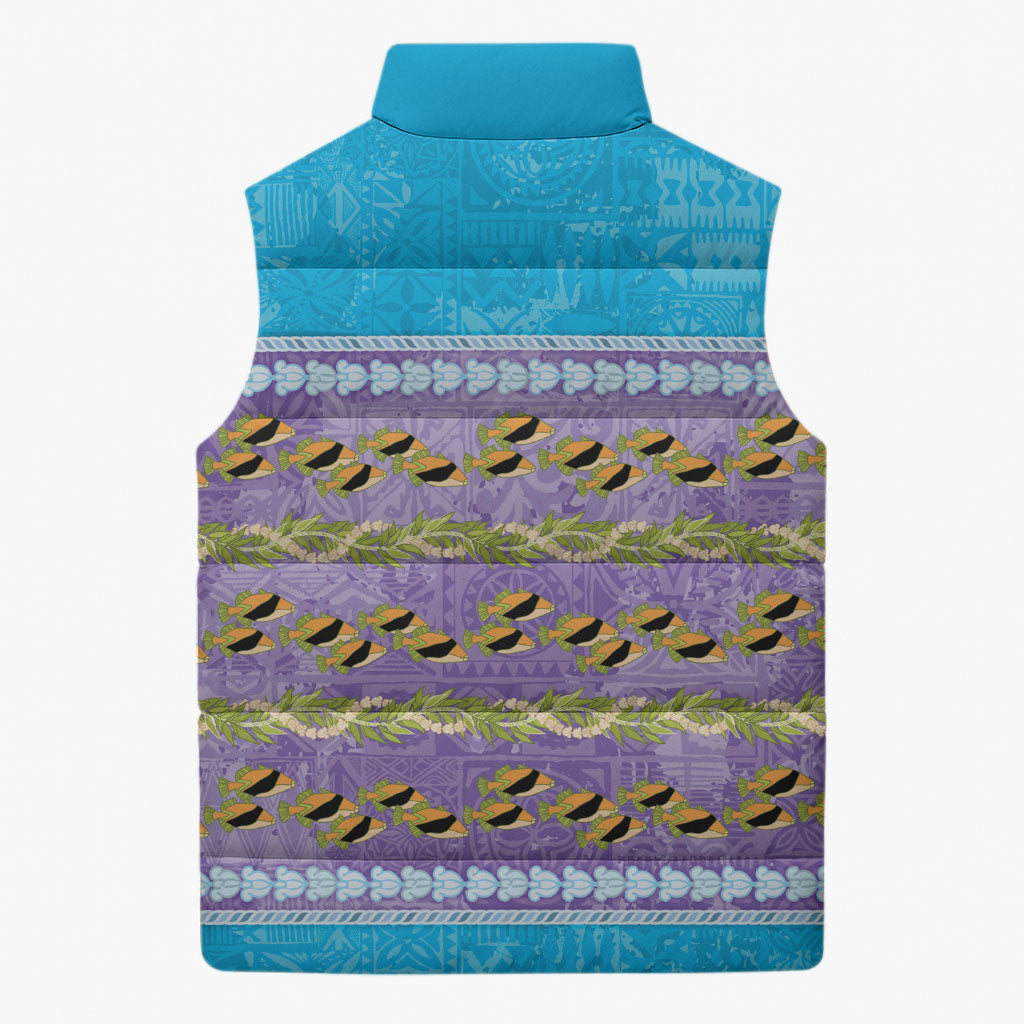 Hawaii Humuhumu Fish Maile Pikake Lei Sleeveless Puffer Jacket Tribal Tapa Blue Version