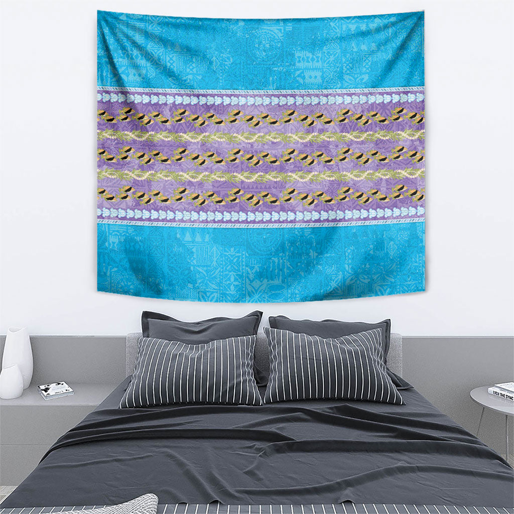 Hawaii Humuhumu Fish Maile Pikake Lei Tapestry Tribal Tapa Blue Version