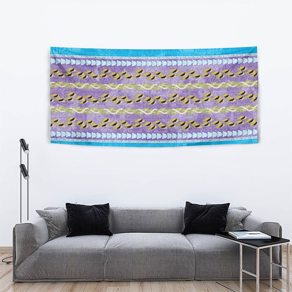 Hawaii Humuhumu Fish Maile Pikake Lei Tapestry Tribal Tapa Blue Version
