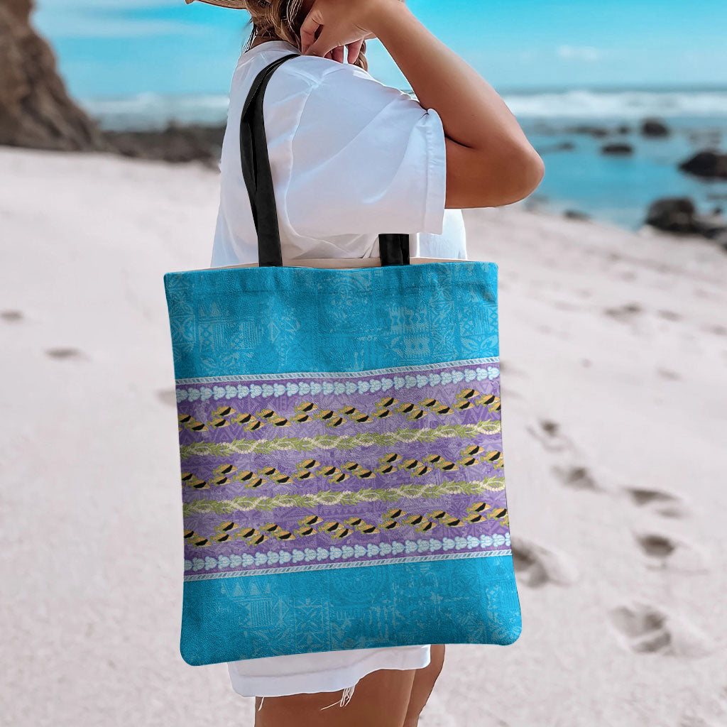 Hawaii Humuhumu Fish Maile Pikake Lei Tote Bag Tribal Tapa Blue Version