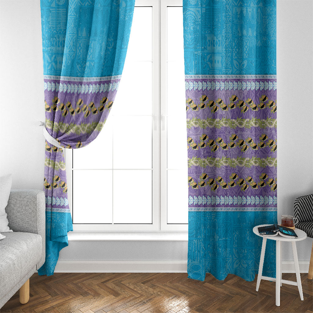 Hawaii Humuhumu Fish Maile Pikake Lei Window Curtain Tribal Tapa Blue Version