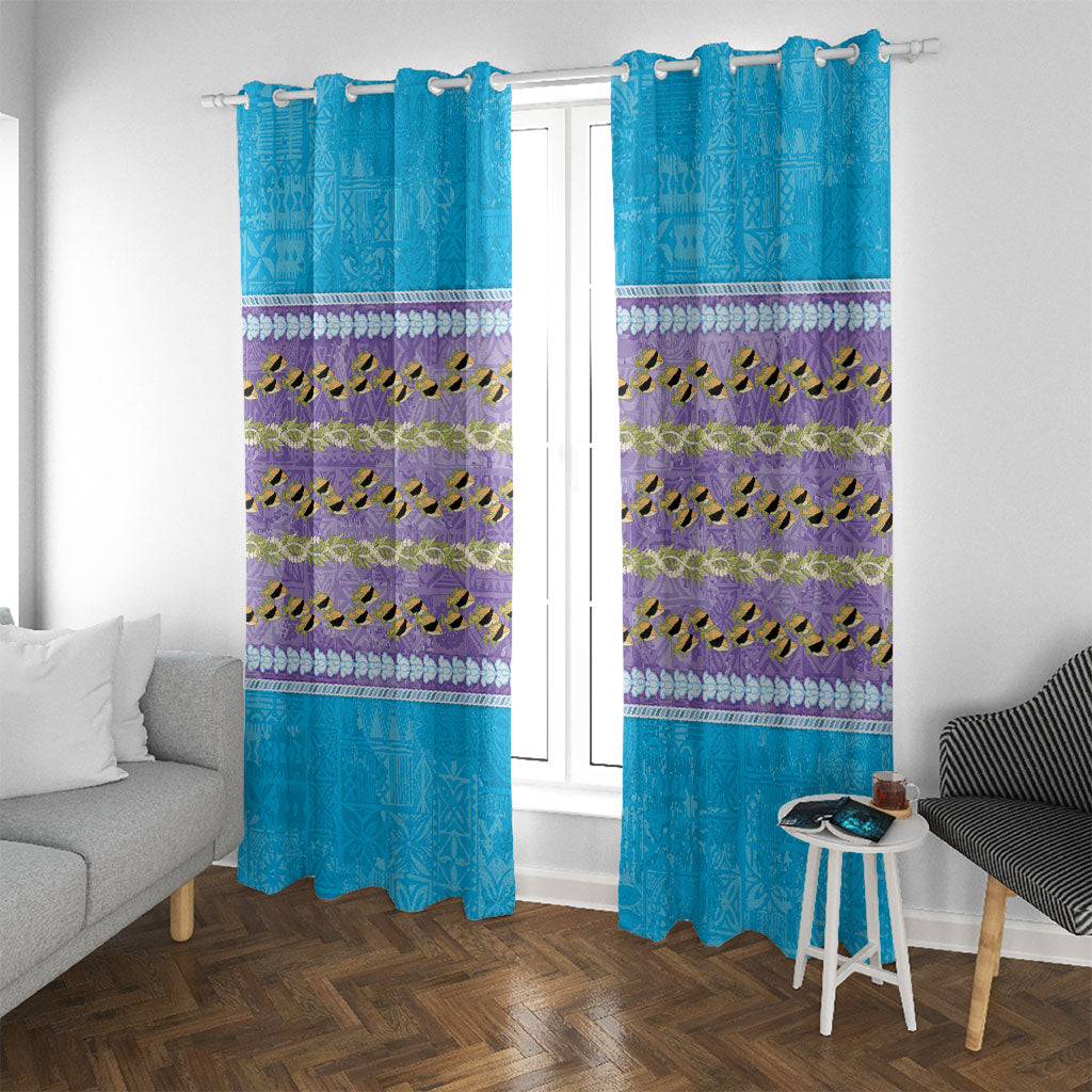 Hawaii Humuhumu Fish Maile Pikake Lei Window Curtain Tribal Tapa Blue Version