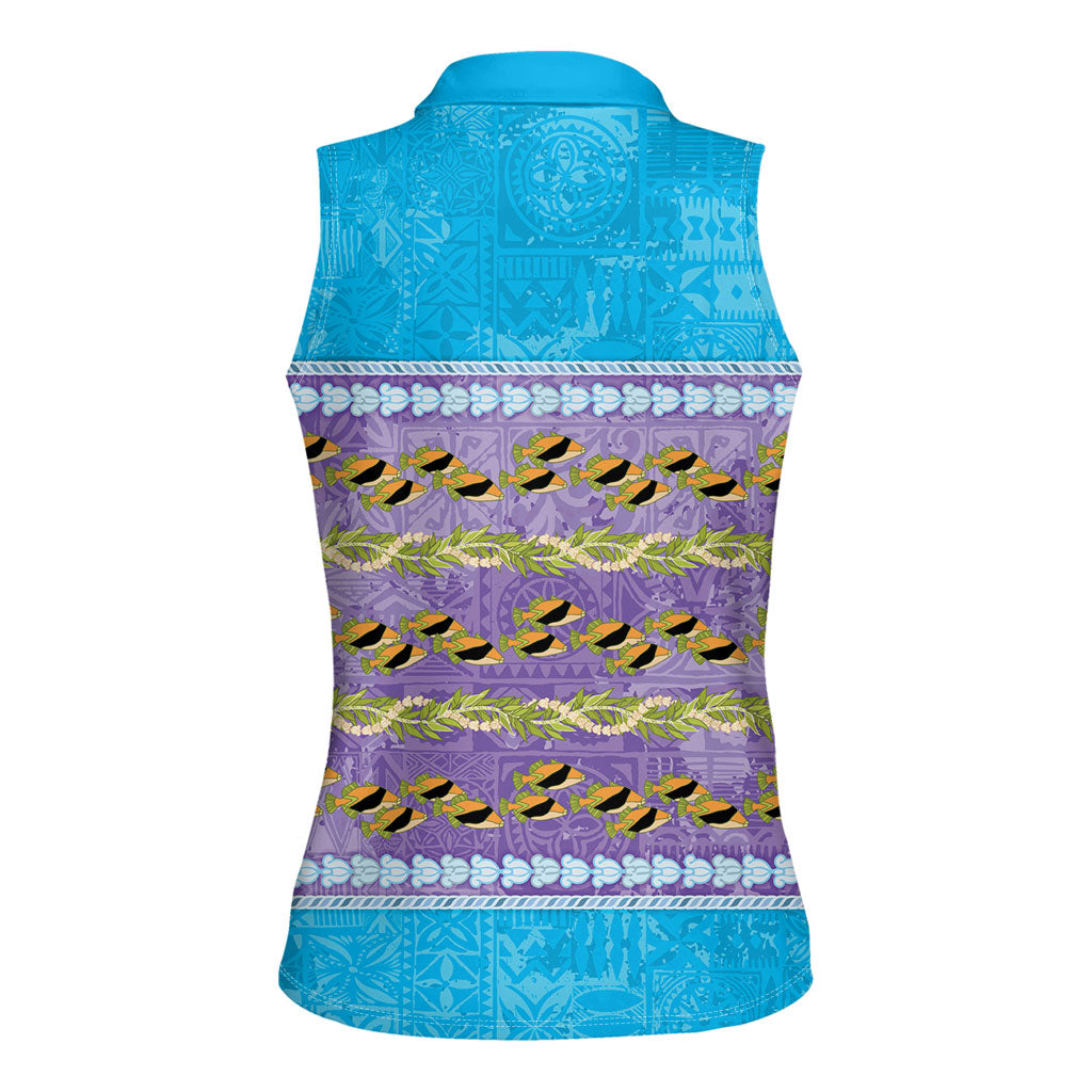 Hawaii Humuhumu Fish Maile Pikake Lei Women Sleeveless Polo Shirt Tribal Tapa Blue Version