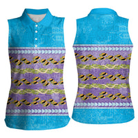 Hawaii Humuhumu Fish Maile Pikake Lei Women Sleeveless Polo Shirt Tribal Tapa Blue Version