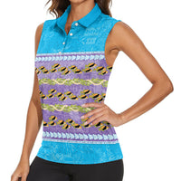 Hawaii Humuhumu Fish Maile Pikake Lei Women Sleeveless Polo Shirt Tribal Tapa Blue Version