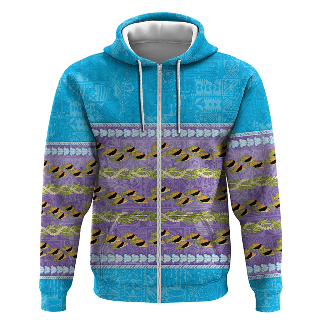 Hawaii Humuhumu Fish Maile Pikake Lei Zip Hoodie Tribal Tapa Blue Version