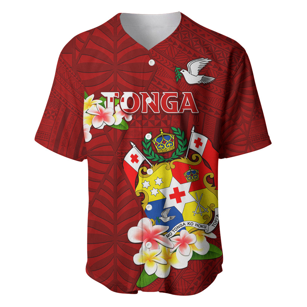 Personalized Tonga Baseball Jersey Coat Of Arms Plumeria With Ngatu Pattern LT05 Red - Polynesian Pride