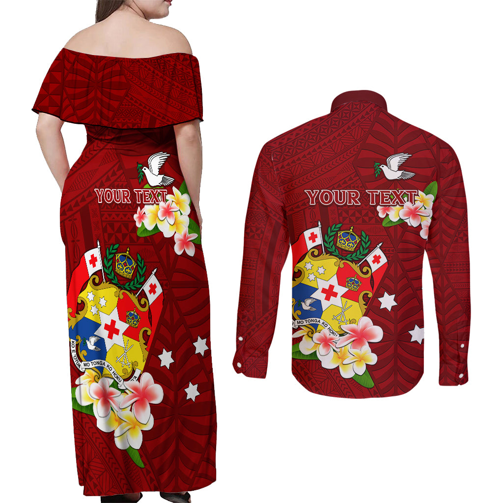 Personalized Tonga Couples Matching Off Shoulder Maxi Dress and Long Sleeve Button Shirts Coat Of Arms Plumeria With Ngatu Pattern LT05 - Polynesian Pride