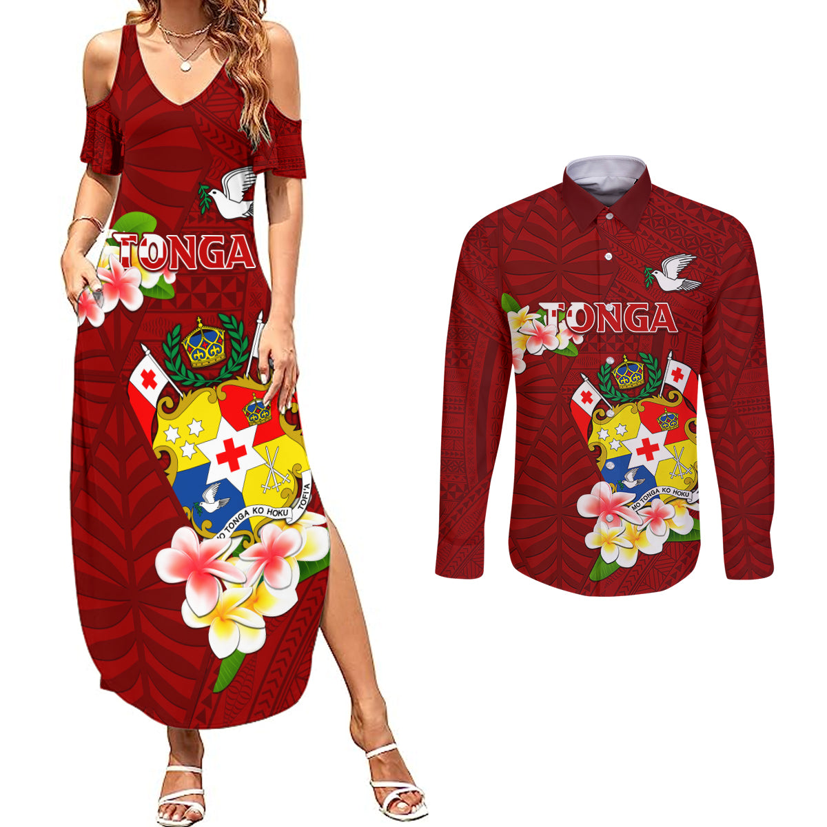 Personalized Tonga Couples Matching Summer Maxi Dress and Long Sleeve Button Shirts Coat Of Arms Plumeria With Ngatu Pattern LT05 Red - Polynesian Pride