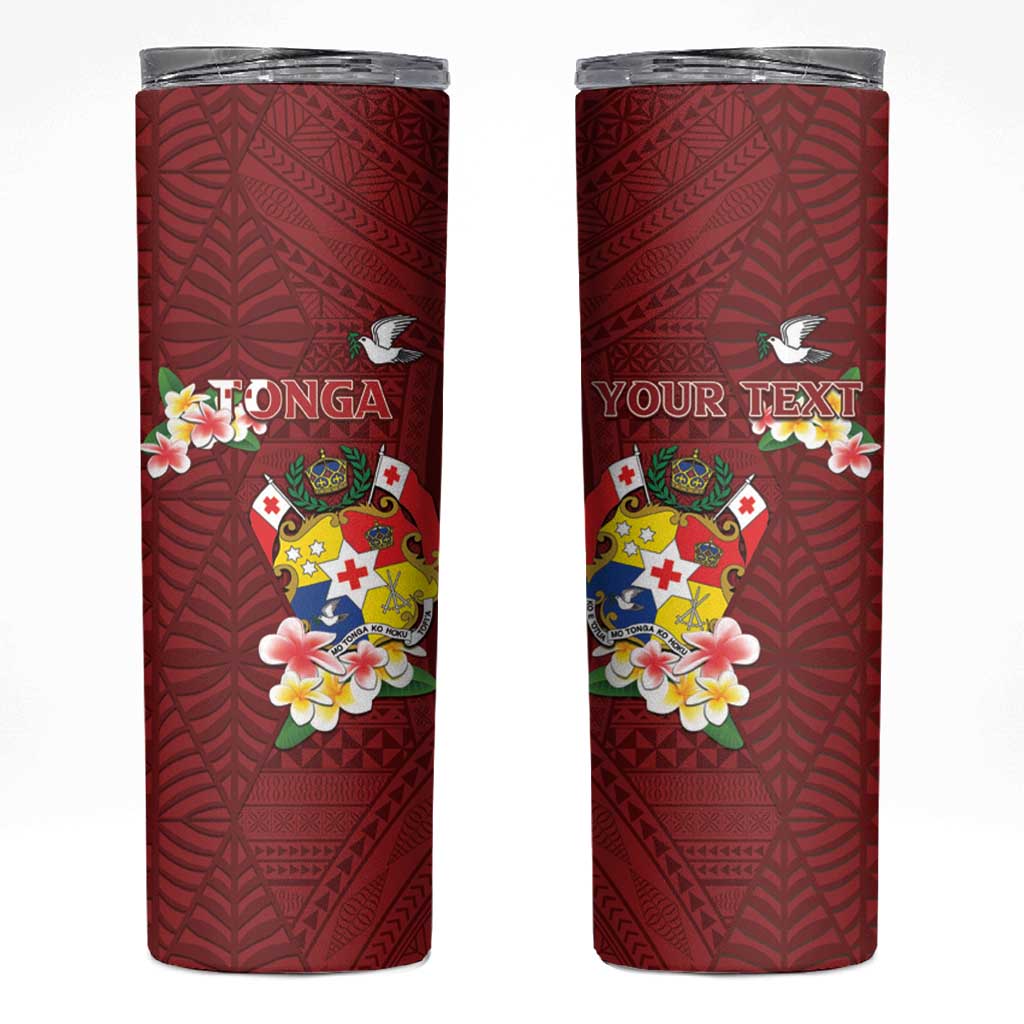 Personalised Tonga Skinny Tumbler Coat Of Arms Plumeria With Ngatu Pattern