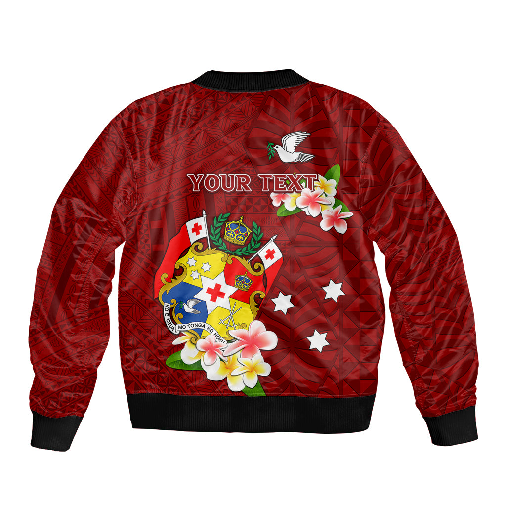 Personalized Tonga Sleeve Zip Bomber Jacket Coat Of Arms Plumeria With Ngatu Pattern LT05 - Polynesian Pride