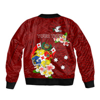 Personalized Tonga Sleeve Zip Bomber Jacket Coat Of Arms Plumeria With Ngatu Pattern LT05 - Polynesian Pride