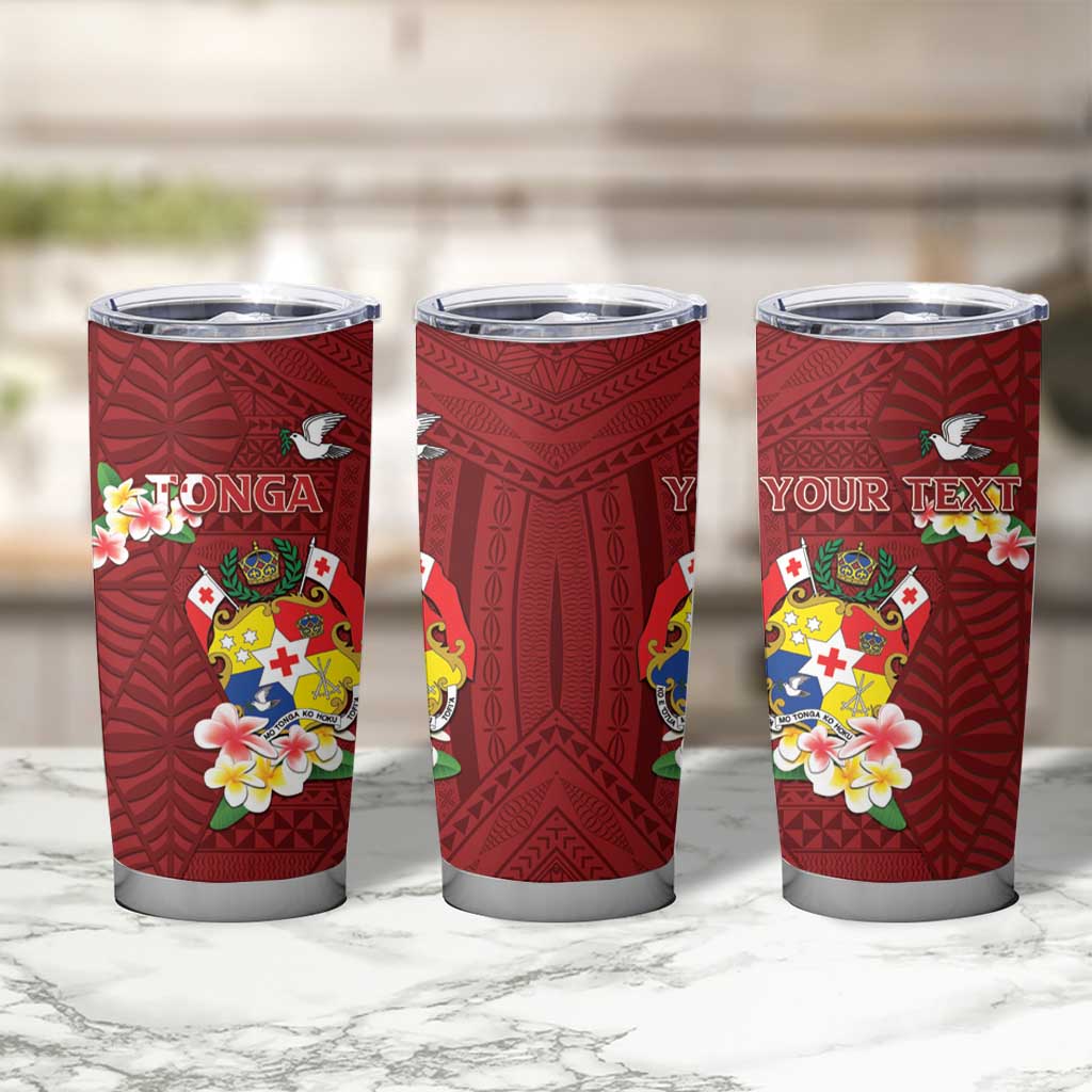 Personalised Tonga Tumbler Cup Coat Of Arms Plumeria With Ngatu Pattern LT05 - Polynesian Pride