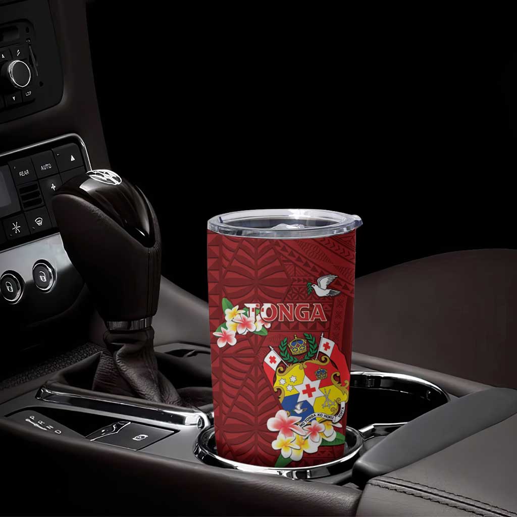 Personalised Tonga Tumbler Cup Coat Of Arms Plumeria With Ngatu Pattern LT05 - Polynesian Pride