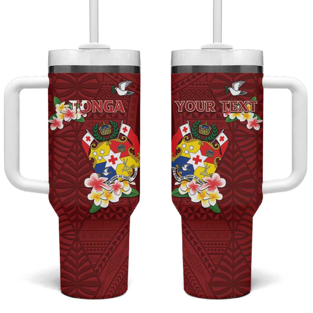 Personalised Tonga Tumbler With Handle Coat Of Arms Plumeria With Ngatu Pattern LT05 One Size: 40 oz Red - Polynesian Pride