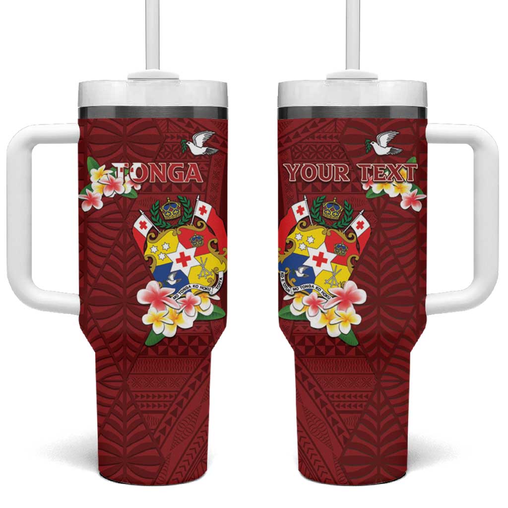 Personalised Tonga Tumbler With Handle Coat Of Arms Plumeria With Ngatu Pattern