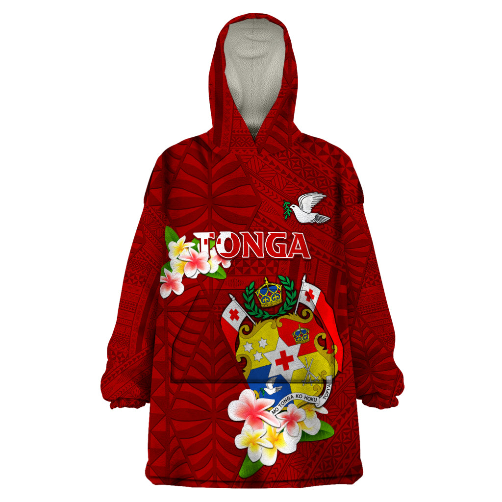 Personalized Tonga Wearable Blanket Hoodie Coat Of Arms Plumeria With Ngatu Pattern LT05 One Size Red - Polynesian Pride