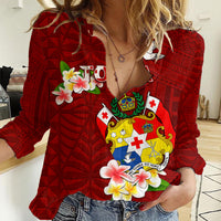 Personalized Tonga Women Casual Shirt Coat Of Arms Plumeria With Ngatu Pattern LT05 Female Red - Polynesian Pride