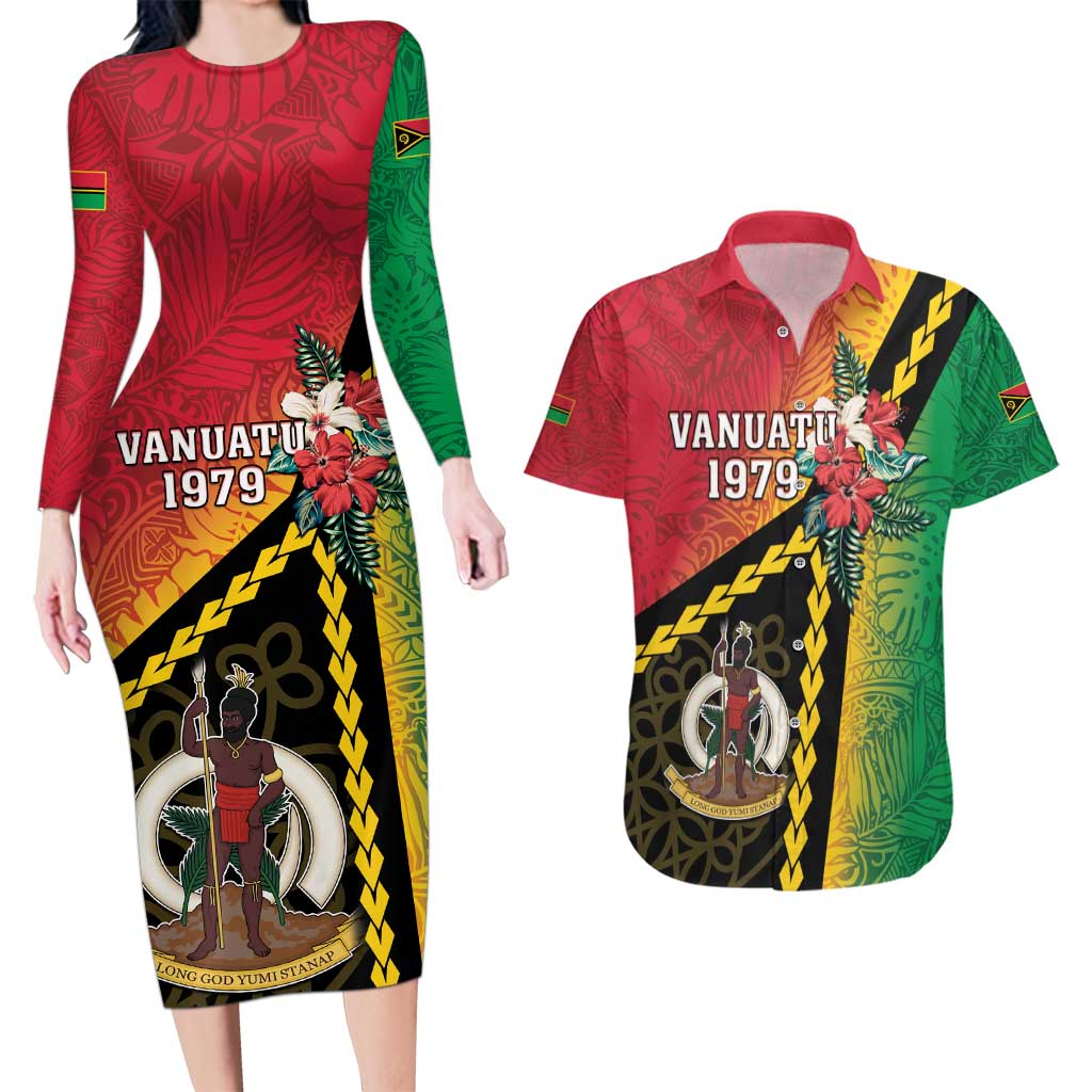 Happy Vanuatu Constitution Day Couples Matching Long Sleeve Bodycon Dress and Hawaiian Shirt Flag Style With Sand Drawing Pattern