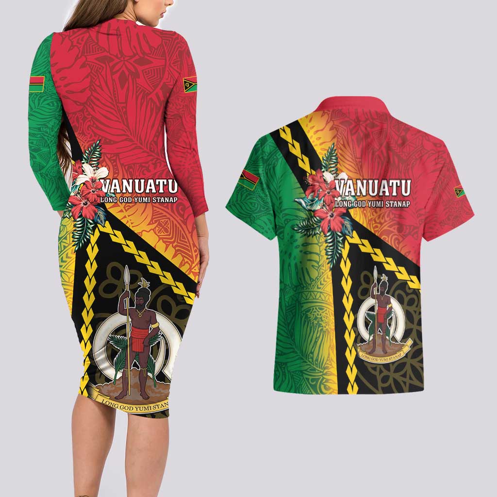 Happy Vanuatu Constitution Day Couples Matching Long Sleeve Bodycon Dress and Hawaiian Shirt Flag Style With Sand Drawing Pattern LT05 - Polynesian Pride